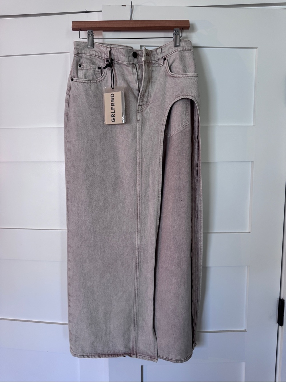 GRLFRND Washed Tan High-Slit Denim Maxi Skirt